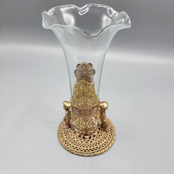 Antique Vintage Gold Brass Filigree Fluted Bud Vases Cherub Figural Design - Picture 13 of 16